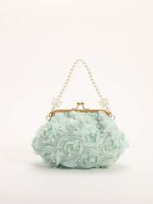 Bolso de mano elegante de mujer color rosa con flores 3D, bolso de noche con decoración de perlas en forma de rosa 3D, con correa de hombro desmontable de cadena dorada, adecuado para bodas, fiestas y ocasiones formales - Verde - Ver 7