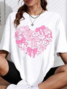 Women's Casual T-Shirt With Pink Heart-Shaped Bow, Lovely Valentine's Day Gift, Fashionable Casual Top For Spring Summer - 白色 - 查看 1
