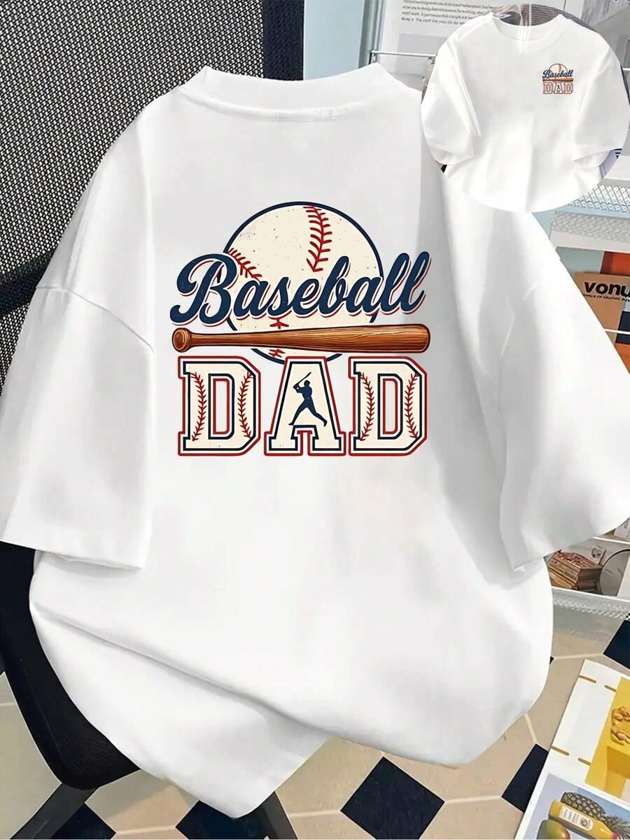New 180g Short-Sleeved T-Shirt, 1% Cotton, With Prints On The Front And Back - Baseball Dad, Baseball Theme - Fashionable Printed T-Shirt For Women, Short-Sleeved, Suitable For All Seasons, Clothing - Can Be Worn As A Base Layer In Spring And Autumn Or Alone In Summer, Unisex. - 白色 - 查看 1