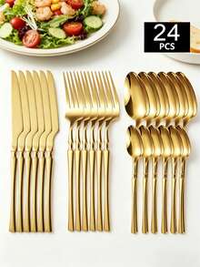 4/16/24pcs Golden Cutlery Set With Slim Waist,Stainless Steel Flatware Set, Waist Design Knife Fork Spoon Dessert Spoon,Reusable Tableware Set,Ideal For Home Kitchen,Restaurants,Hotel,Wedding,House-Warming,Party, Kitchen Supplies,Christmas Gifts - Gold - View 8