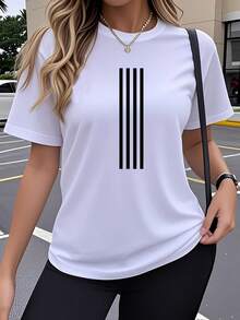 Women's T-Shirt With Popular Geometric Stripe Print - Four Vertical Stripes Design, Crew Neck, And Short Sleeves, Versatile For Everyday Wear, Sports, Casual Wear, And Multiple Occasions. Loose Fit, Soft, Breathable, And Skin-Friendly Fabric. Ideal For The Office And Going Out. - 白色 - 查看 1