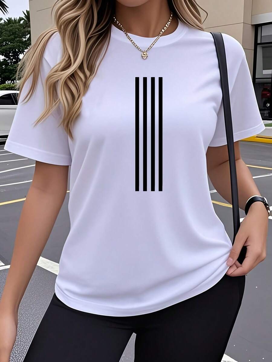 Women's T-Shirt With Popular Geometric Stripe Print - Four Vertical Stripes Design, Crew Neck, And Short Sleeves, Versatile For Everyday Wear, Sports, Casual Wear, And Multiple Occasions. Loose Fit, Soft, Breathable, And Skin-Friendly Fabric. Ideal For The Office And Going Out. - 白色 - 查看 1