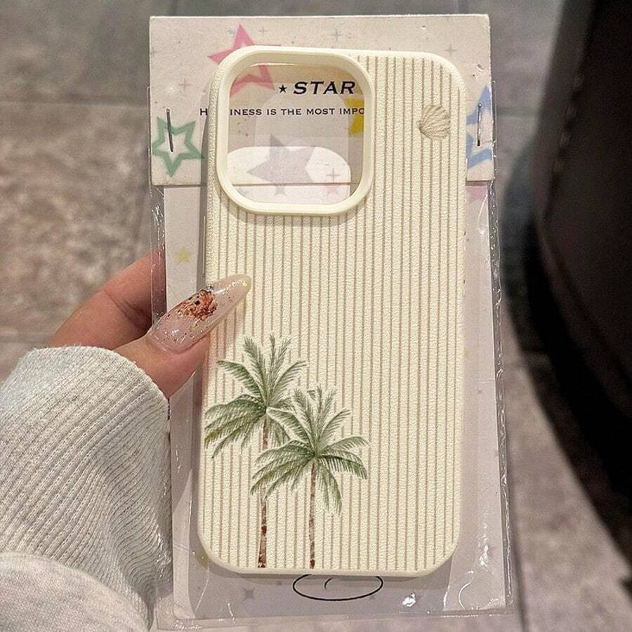 1 pezzo Custodia per telefono in materiale TPU con motivo a righe e palme, compatibile con iPhone 17 Pro Max/17/16 Pro Max/15/13/12/11, S20 FE/A15/S24/A55, Note 11/Note 12/Note 13 Pro, copertura completa, morbida e anti-caduta - Bianco - Visualizzare 1