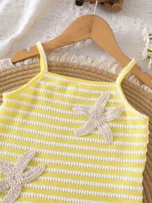 Girls' Summer 2 Pieces Set: Camisole Top And Skirt, Vacation Style, Casual, Daily Wear, Textured Fabric, Soft & Skin-Friendly, Starfish Decor, Fits Ages 4-7 - Yellow - View 3