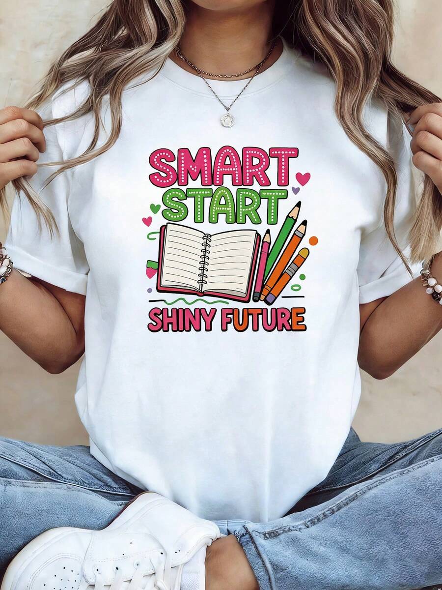 Back To School Season: Women's Spring/Summer Loose Fit T-Shirt With START SHINY FUTURE Print For College Activities, Expressing Hopes For Learning, Short Sleeve For Daily Commuting - Unisex Cotton Short Sleeve Crew Neck Vintage Urban Style T-Shirt. - 白色 - 查看 1