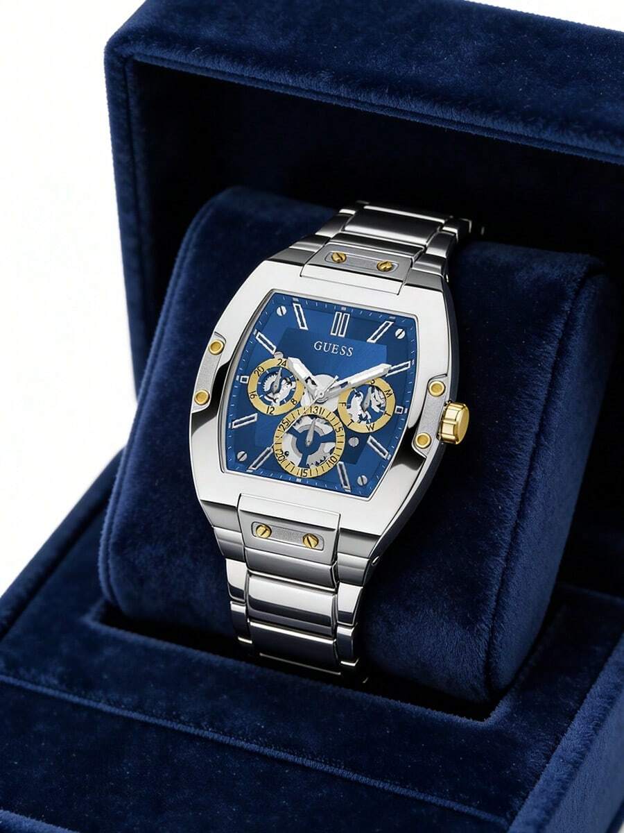 Guess 1 pieza Reloj de cuarzo de lujo casual y de moda para hombres, correa de acero inoxidable, cronógrafo multifunción, regalo perfecto para cumpleaños, aniversario y vacaciones GW0456G5 - Azul - Ver 1