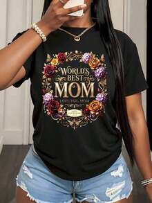 "World's Best Mom" T-Shirt, I Love You Mom, Floral Design For Mother's Day, Gift For Moms, Casual T-Shirt For Celebrating Motherhood, 220g - Urban Vintage Style, Unisex, Loose Fit, Cotton, Short Sleeve, Round Neck, 100% Pure Cotton - 黑色 - 查看 3