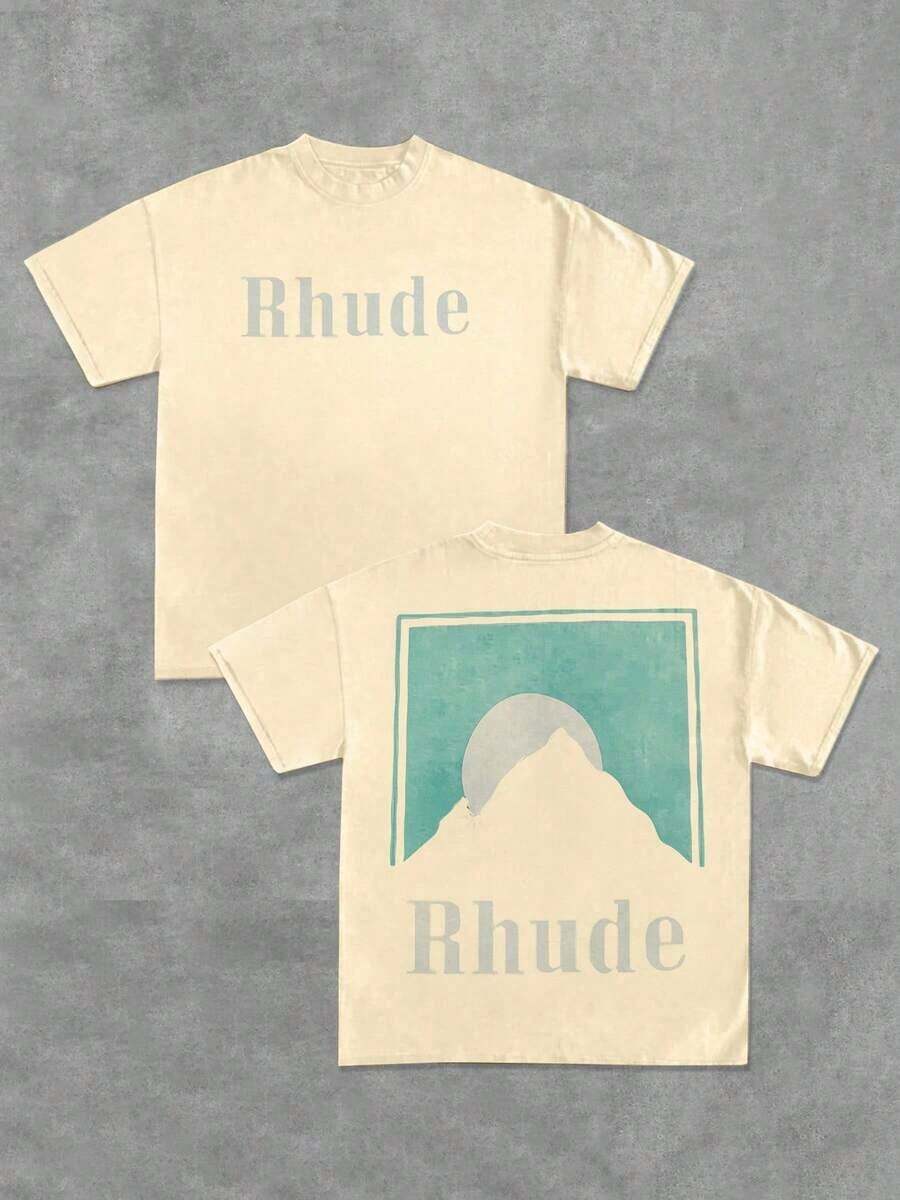 Premium Unisex Casual T-Shirts, Men's Graphic T-Shirt, Rhude 100% Cotton Casual T-Shirt - 杏色 - 查看 1