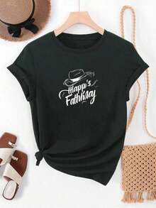 Women's Short Sleeve T-Shirt For Father's Day - Casual White Summer T-Shirt With "Happy Father's Day" Printed In Black - Crew Neck T-Shirt For Everyday Wear, Suitable For Gifts For Dad And Family Celebrations - Machine Washable Women's Clothing, Great Gift Idea For The Holidays, Short Sleeve T-Shirt, Easy Care Clothing, Excellent Gift Choice. Leisure - 黑色 - 查看 6