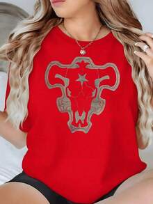 100% Cotton. Bull's Head With Central Star Symbolizing Strength, Perseverance, And Indomitable Spirit. Women's T-Shirt In Soft 100% Cotton Fabric, 220g. Women's Simple Solid Color T-Shirt, Loose And Slim Fit Casual Short Sleeve - 紅色的 - 查看 1