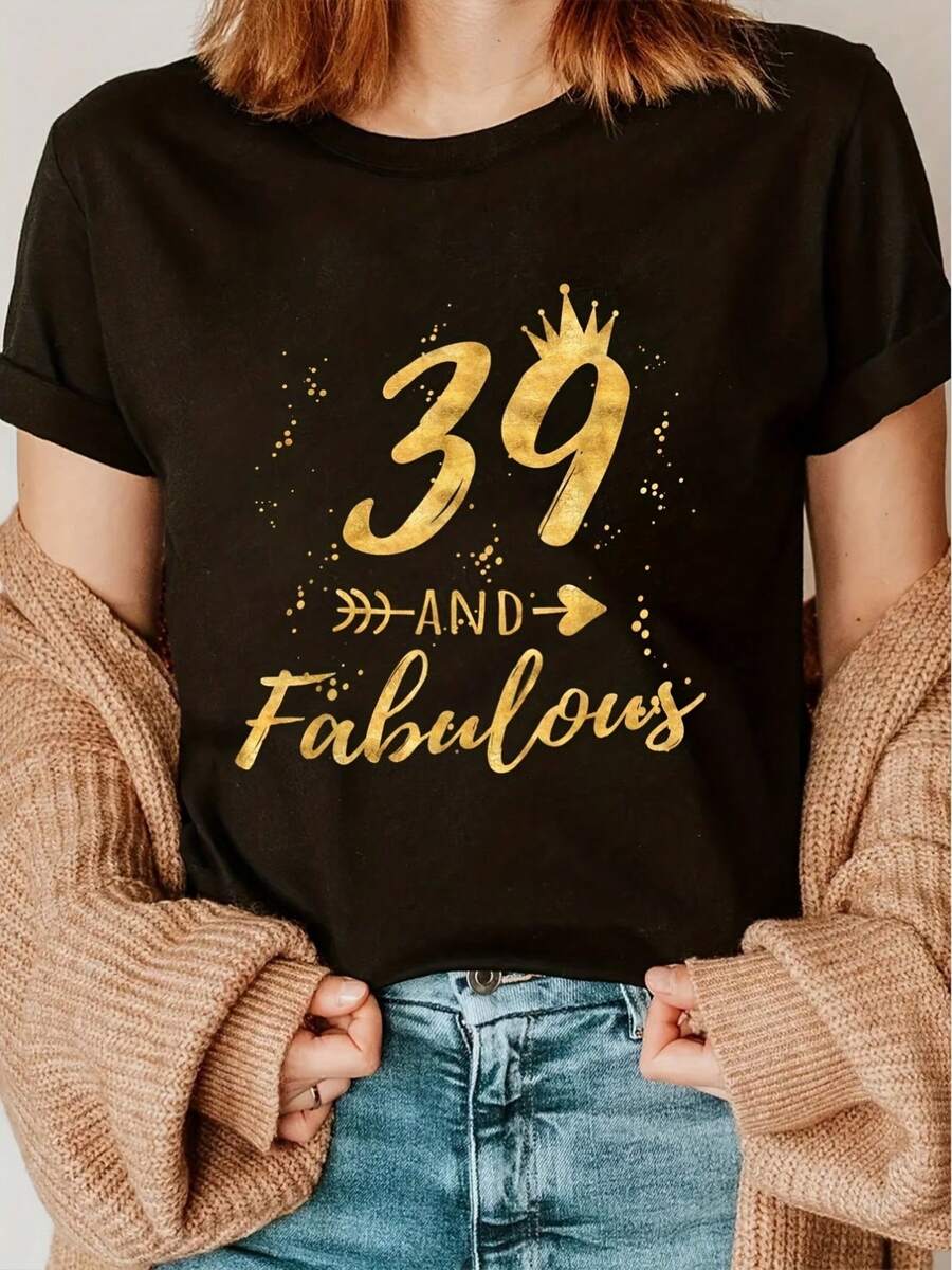 Women's 39th Birthday T-Shirt - Number 39 With Gold Glitter And Exquisite Text With Sequin Design - Casual Short Sleeve Crew Neck T-Shirt - Regular Fit Birthday Style, Elegant Party Outfit, T-Shirt For Elegant Ladies, Blouses Suitable For Curvy Women, Casual Wear, Cool And Sweat-Free Summer Clothes, Fun Letter Print - 黑色 - 查看 1