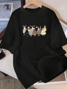 Women's 100% Cotton T-Shirt With "Retro Character Portrait" Print, Nostalgic Short-Sleeved Casual Top, Cartoon Style Design Suitable For Everyday And Vintage Outfits. - 黑色 - 查看 1