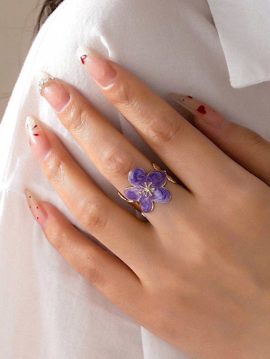 1 chiếc nhẫn hở thời trang, thanh lịch, thiết kế độc đáo, màu tím cao cấp, hình hoa nhỏ giọt, thích hợp cho phụ nữ đeo hàng ngày. - Màu tím - Xem 1
