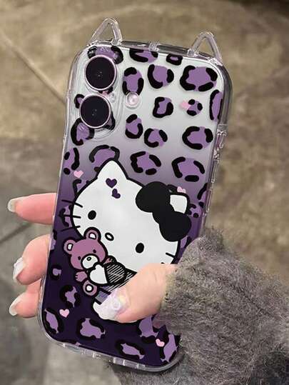 SANRIO 1 chiếc ốp lưng trong suốt hình tai mèo dễ thương màu tím họa tiết da báo, tương thích với iPhone 11-17 Pro Max