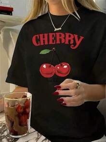 Women's Casual Printed T-Shirt, Short Sleeves And Round Neck, Ideal For Everyday Wear And Perfect As A Gift - 黑色 - 查看 1