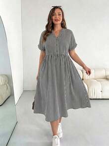 Vestido de Verano Casual a Rayas con Cuello Recortado y Manga Corta Talla Grande - Azul y blanco - Ver 8
