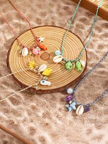 2pcs Summer Ocean Style Shell & Starfish Ceramic Pendant Necklace, Bohemian Vacation Necklace - Multicolor - View 5