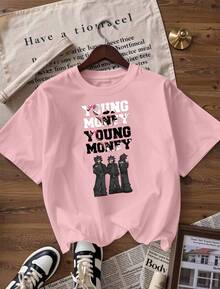 T-Shirt With "YOUNG MONEY" Text And Urban Figures,  Short-Sleeved T-Shirt For Spring And Summer 2026, Made In Mexico, 180 Grams. Cartoon Print, Couple Design, Suitable For Indoor Or Outdoor Wear. Crew Neck, Unisex, Ideal For Office And Leisure. One-Pack. - PK-P631577SLNDXZGY596 - 查看 4