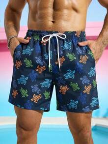 1pc Men's Navy Blue Colorful Sea Turtle Print Beach Shorts, Casual Cartoon Pattern, Drawstring Waist, Washable, Suitable For Swimming Pool, Beach Vacation & Leisure - Blue - View 1