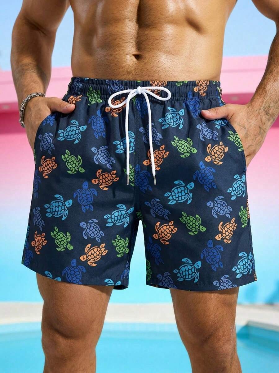 1pc Men's Navy Blue Colorful Sea Turtle Print Beach Shorts, Casual Cartoon Pattern, Drawstring Waist, Washable, Suitable For Swimming Pool, Beach Vacation & Leisure - Blue - View 1