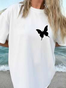 | Exquisite Design | Loose And Comfortable | Easy To Match | [Double-Sided Print] Women's Loose-Fitting Spring/Summer T-Shirt, Vintage Style With Butterfly Print. Short-Sleeved, Round Neck, Pure Cotton, Loose Fit, And Dropped Shoulders. [Lang] - 白色 - 查看 3