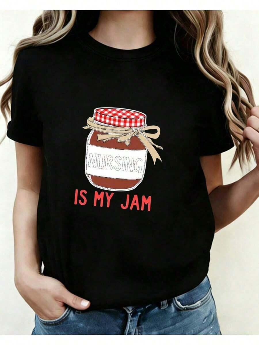 Women's "The Nurse Is My Love" T-Shirt, Fun Nurse Outfit With Jam Jar Print, Casual Short Sleeve Crew Neck Top, Suitable For Nurse Week, Summer Clothes, Durable Printed Nurse T-Shirt 01, Women's All Season Crew Neck Printed Top, Crew Neck, 100% Cotton, Soft Fabric, Short Sleeve - 黑色 - 查看 1