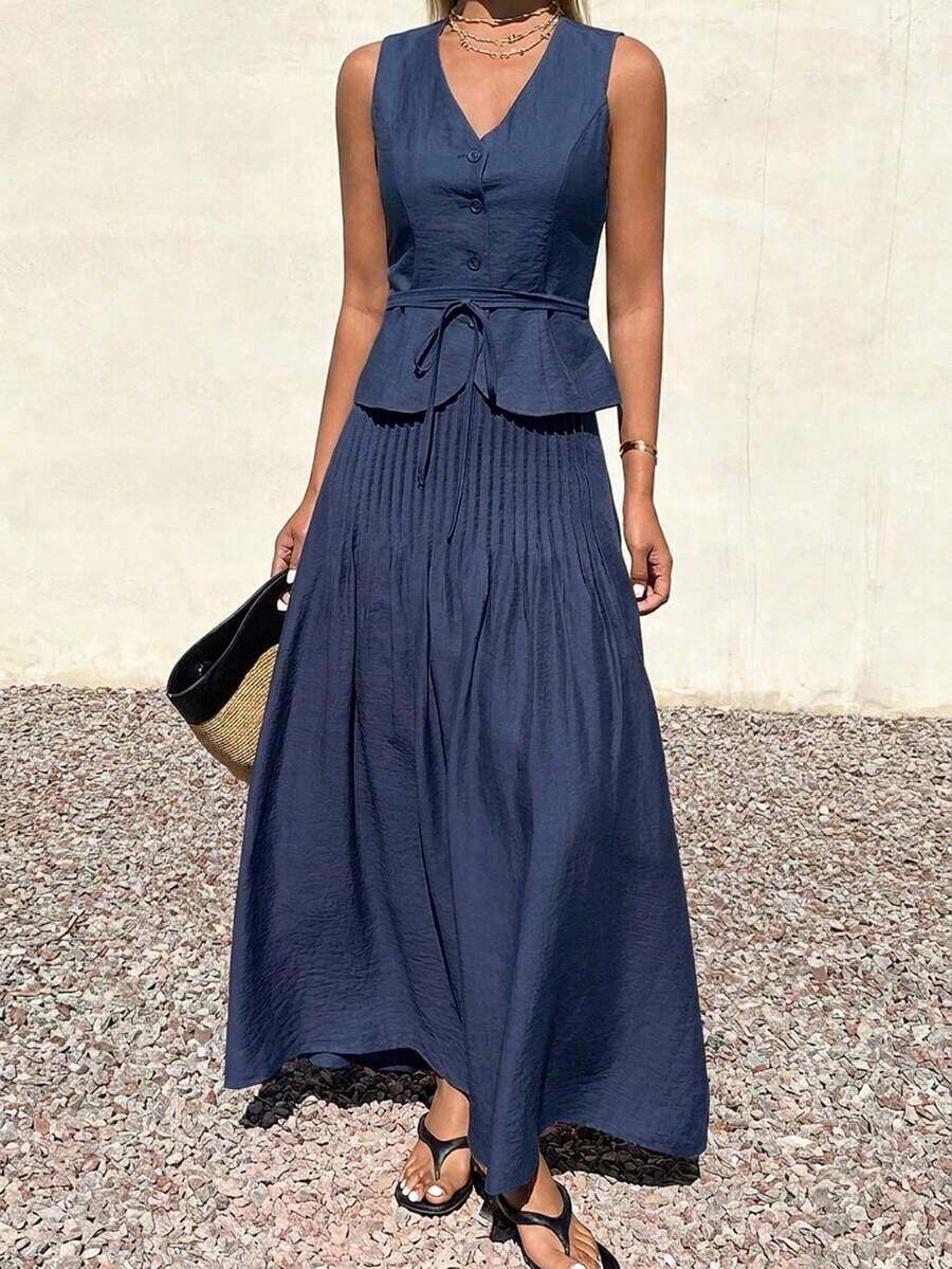 Conjunto de 2 piezas de mujer con falda plisada con cintura anudada y escote en V sin mangas, atuendo de verano para vacaciones - Blanco - Ver 1