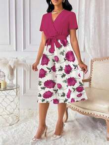 Vestido de mujer con cuello en V y cinturón, manga corta, vestido largo de verano para mujer - Rosa Fucsia - Ver 5