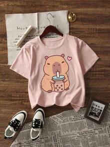 Camiseta de mujer de manga corta con cuello redondo y gráfico de animal capibara, estilo casual y versátil para vacaciones, adecuada para uso diario y moda de verano en color rosa - Rosa Pálido - Ver 2