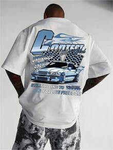 Camiseta de manga corta para hombre, estilo casual europeo y americano, con estampado de letras y diseño de carreras, 100% algodón puro, suave y cómoda. - Blanco - Ver 1