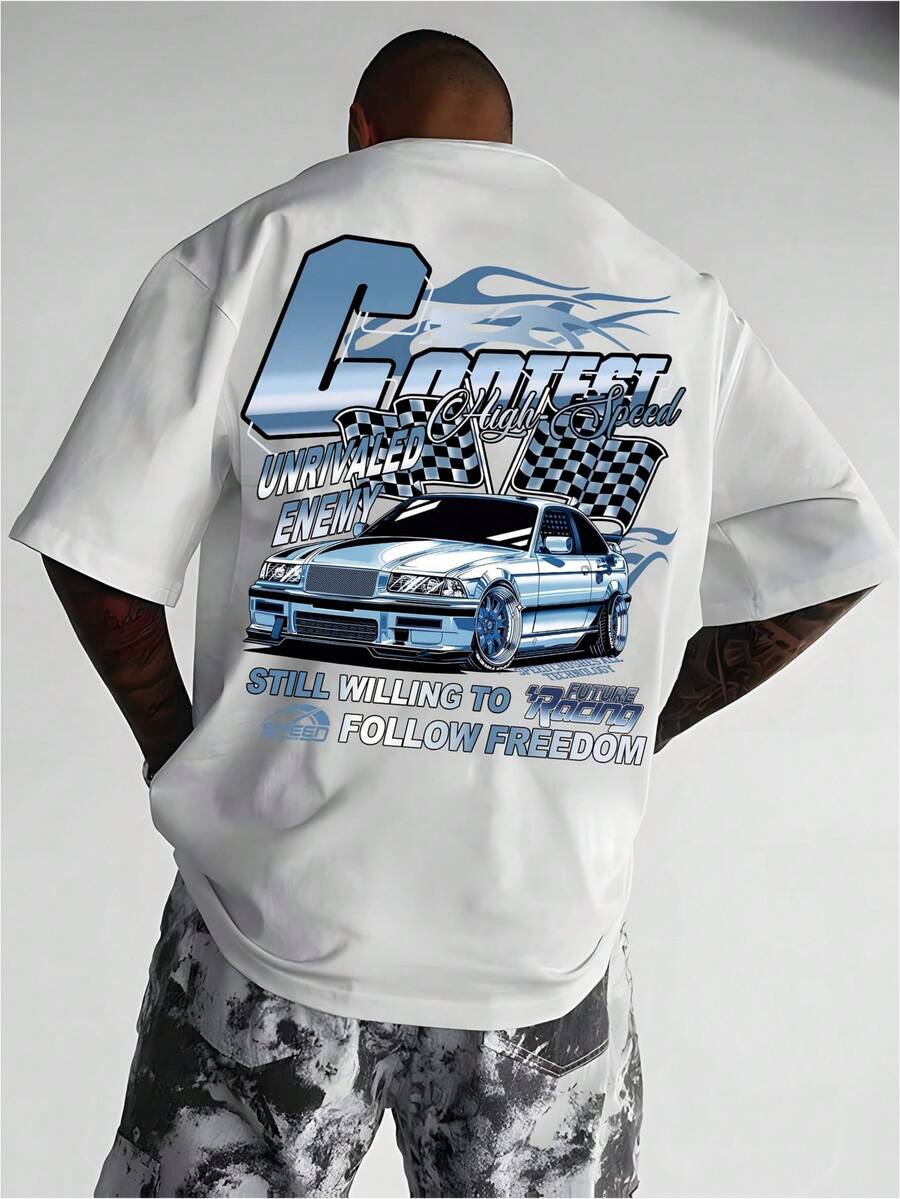 Camiseta de manga corta para hombre, estilo casual europeo y americano, con estampado de letras y diseño de carreras, 100% algodón puro, suave y cómoda. - Blanco - Ver 1