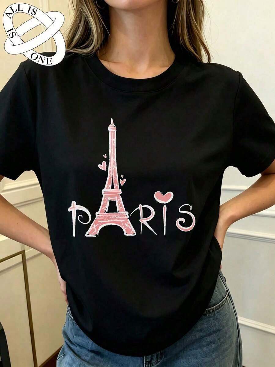 ALL IS ONE Pure Cotton Women's Casual Loose Fit Elastic Breathable T-Shirt Vintage Streetwear Eiffel Tower Paris Heart Pattern Round Neck Premium Quality Spring/Summer Fashion Short Sleeve - 黑色 - 查看 1