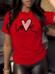 1 Piece Of Heart Print T-Shirt, 220g, Romantic, Women's, Casual, Round Neck, 100% Cotton, Streetwear, Fashion. - 紅色的 - 查看 1