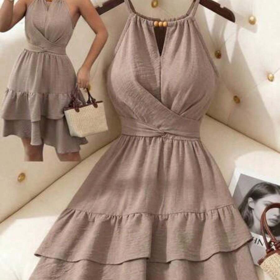 Vestido mini ajustado y acampanado sin mangas con lazo elegante y cuentas para mujer, color caqui, primavera/verano - Caqui - Ver 1