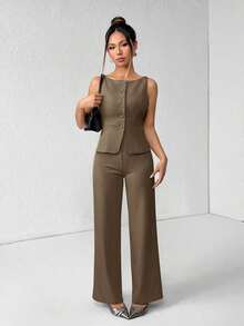 PETITE Conjunto de chaleco y pantalones de un solo pecho de unicolor con cuello redondo, elegante traje de oficina para mujer, ropa de mujer de verano y otoño, conjunto de oficina, ropa casual de negocios, conjunto de dos piezas, ropa de oficina de otoño para mujer, conjunto de blazers para mujer - Marrón - Ver 3