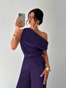 Conjunto de blusa suelta asimétrica sin hombros con baño de oro sin mangas y pantalones de pierna ancha con cintura elástica, adecuado para citas, fiestas, viajes diarios, festivales de música, ceremonias de graduación, atuendos de maestros y ocasiones formales - Morado - Ver 2