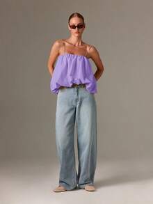 Top de camisola fruncido estilo bohemio con bajo abombado y tirantes ajustables para un estilo casual de verano - Lila Púrpura - Ver 4