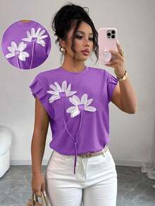 Camiseta de mujer con flores tridimensionales lindas y contrastantes para verano y otoño - Morado - Ver 1