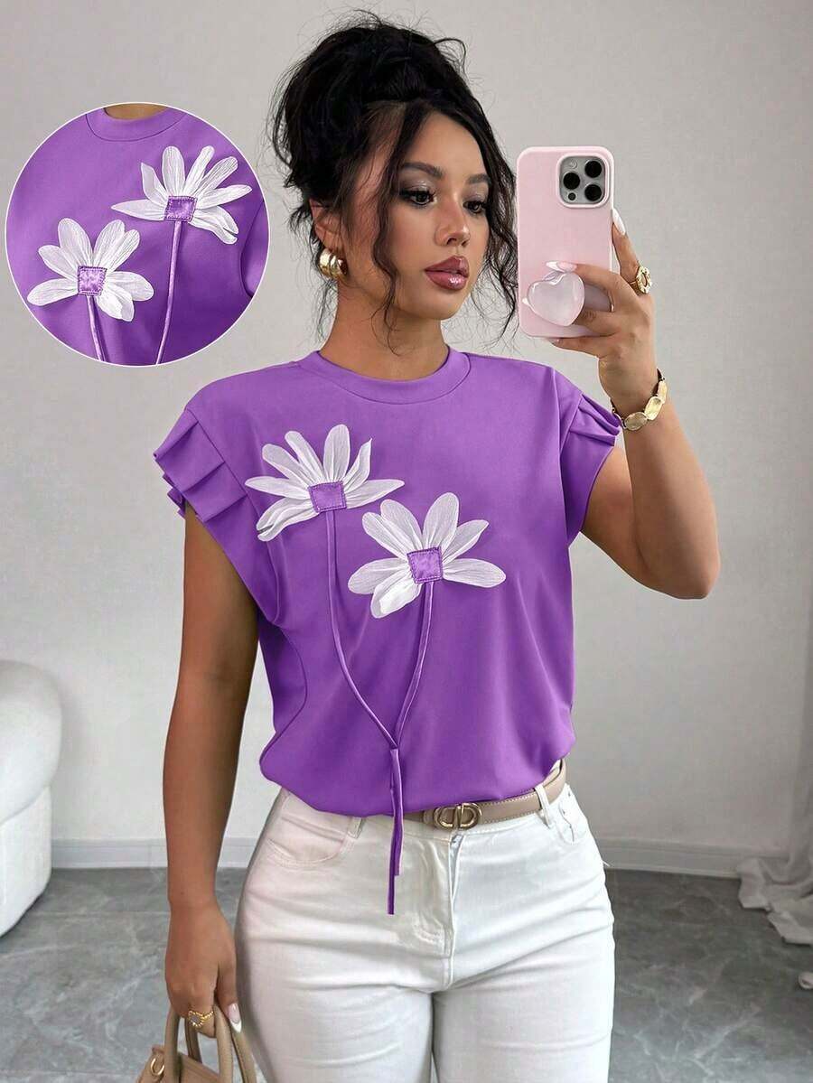 Camiseta de mujer con flores tridimensionales lindas y contrastantes para verano y otoño - Morado - Ver 1