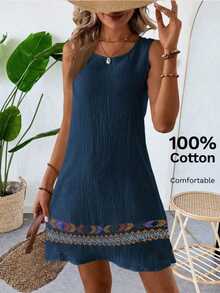 Vestido casual sin mangas de cuello redondo con decoración bordada, talla grande, perfecto para vacaciones - Azul marino - Ver 6