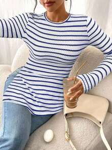 Frenchy Camiseta de manga larga a rayas de estilo informal para mujer con bajo con abertura, para primavera y otoño - Azul - Ver 6