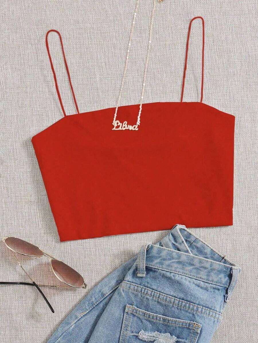 Top corto de tirantes delgado unicolor - Rojo - Ver 1