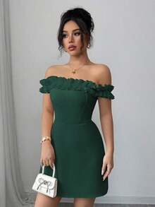 Vestido romántico con hombros descubiertos y volantes en la cintura para mujeres - Verde Oscuro 2 - Ver 4