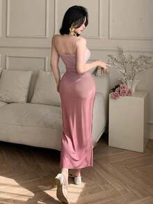 Vestido de tirantes con abertura y volantes en degradado, vestido de verano y cóctel elegante para mujer - Rojo - Ver 5