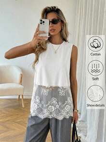 Top sin mangas de mujer con cuello redondo y dobladillo de encaje, primavera/verano - Blanco - Ver 1