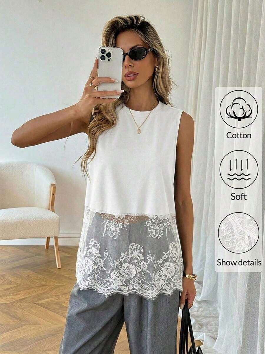 Top sin mangas de mujer con cuello redondo y dobladillo de encaje, primavera/verano - Blanco - Ver 1