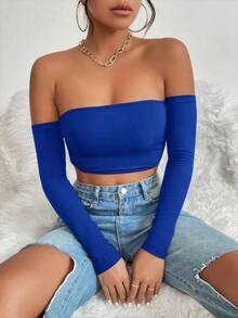 Top corto de hombros descubiertos de color sólido para mujer - azul real - Ver 1