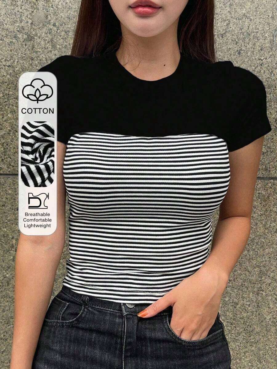Camiseta estampada de rayas 2 en 1, top corto para mujeres - Negro - Ver 1