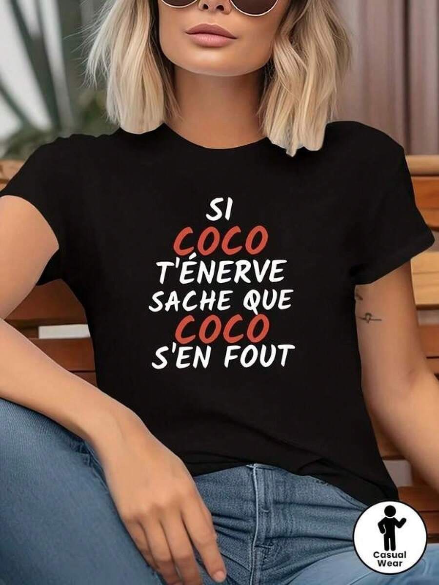 1 Pieza Camiseta Unisex Holgada 180g 100% Algodón Puro, Camiseta única y divertida con frase "Si Coco te enerve, sache que Coco s'en fout" perfecta para los amantes del estilo Y2K, ideal para expresar tu personalidad con un diseño atractivo y moderno. ¡Haz una declaración de moda en cualquier ocasión! - Negro - Ver 1