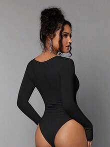 Body De Manga Larga Con Cuello Cuadrado Para Mujer - Negro 2 - Ver 2